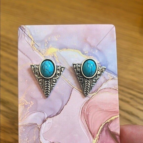 Turquoise Earrings Boho Triangle Stud Earrings‎ Silver Tone Jewelry - Picture 1 of 1